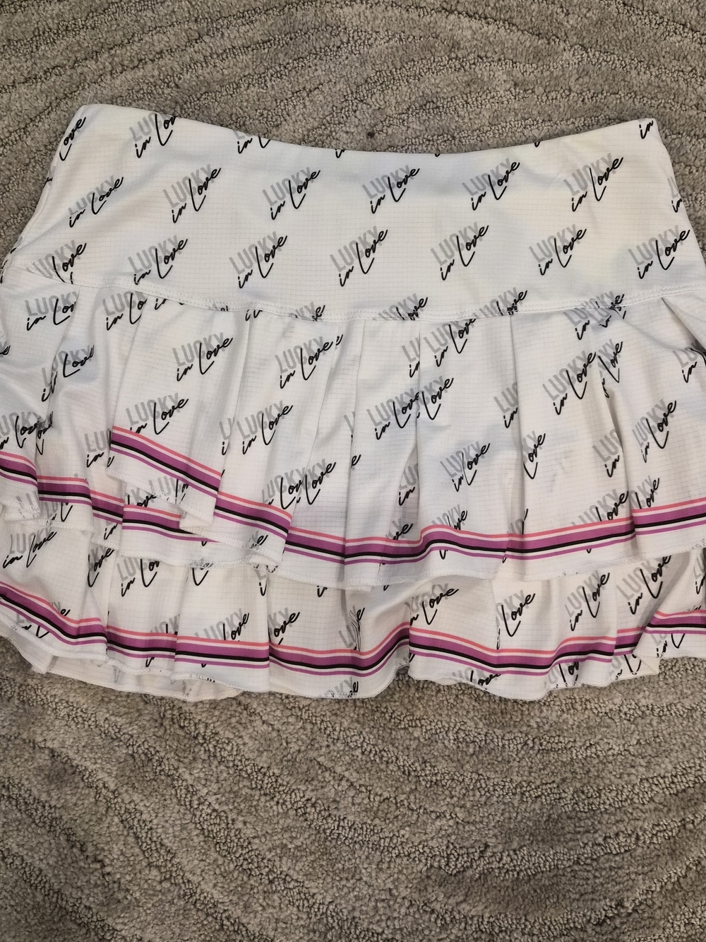 Lucky in Love White Tennis Skirt with Pink Stripe & Script Print - Size Small